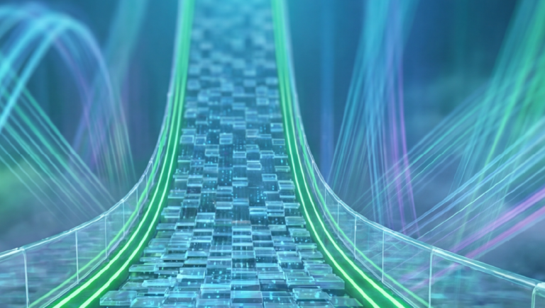 AI guardrails - Resilience Forward AI guardrails - two green coloured digital rails hold a flow of digital data with bounds.