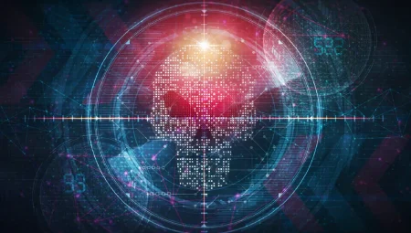 A digital skull in digital crosshairs - indicating automated threat hunting and defence.