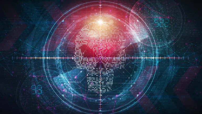 Automated cyber security - Resilience Forward A digital skull in digital crosshairs - indicating automated threat hunting and defence.