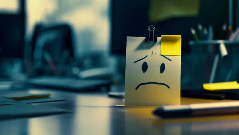 A sticky note with a sad face drawn on it in an office environment.