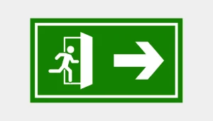 A green emergency exit sign shows the concept of customers leaving due to lack of trust.