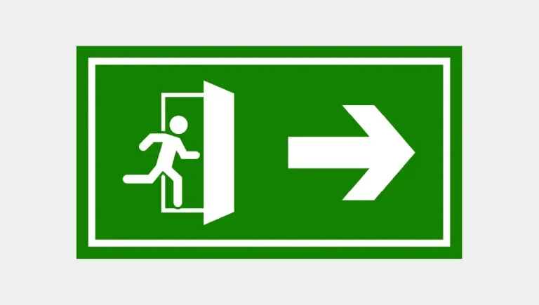 A green emergency exit sign shows the concept of customers leaving due to lack of trust.