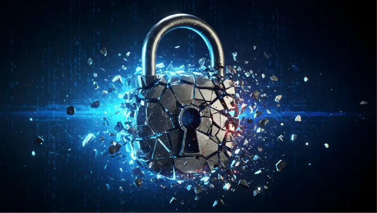Digital Security Breach Concept of a Cracking Lock Representing Cyber Threats and Data Protection.