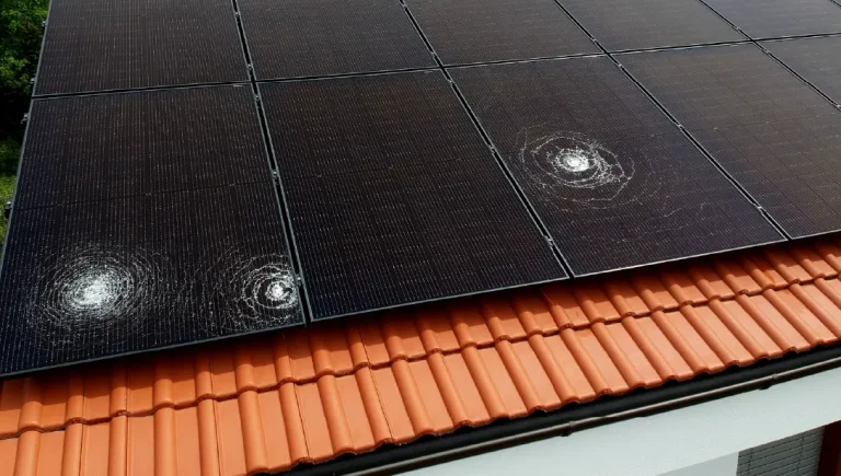 Large hail damage to solar panels on a roof.