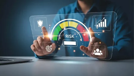 Risk assessment dashboard with gauge meter and business analytics icons,