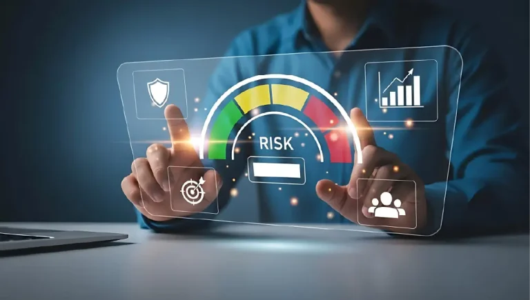 Risk assessment dashboard with gauge meter and business analytics icons,