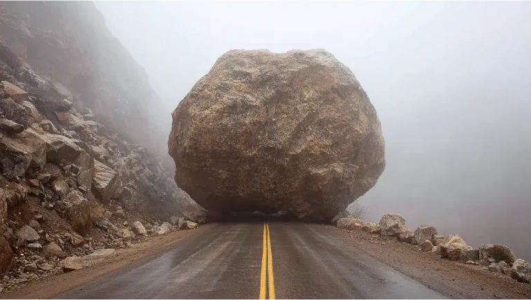A large unmovable boulder provides a complete road block.