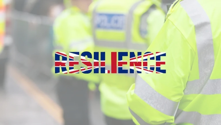 UK resilience - Resilience Forward The word Resilience filled with elements from the Union Jack overlaying an image of police in action.