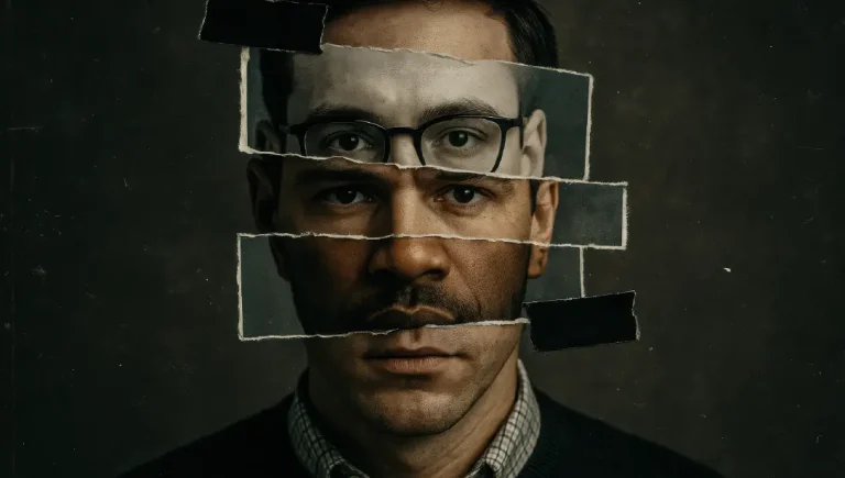 A composite face made up of strips of parts of different faces torn from photos.