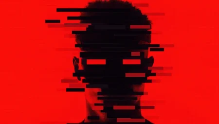 A face silhouette using a digital red glitch effect.