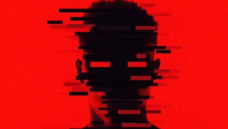 AI identity security - Resilience Forward A face silhouette using a digital red glitch effect.