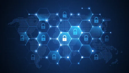 The rise of agentic AI in network security – advantages and controls Network security: a grid of interconnected nodes with a security padlock in each, overlaying a digital world map.