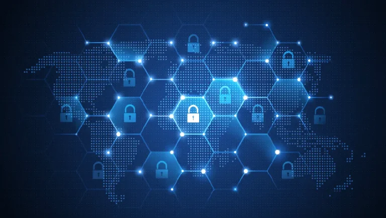 Network security - Resilience Forward Network security: a grid of interconnected nodes with a security padlock in each, overlaying a digital world map.