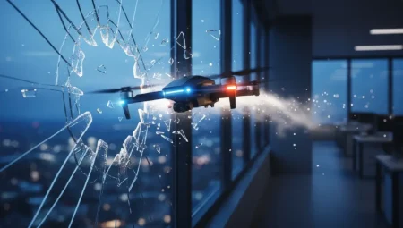 The evolving terrorist threat: protecting your facilities from hostile drone attacks A drone is flown through an office window.