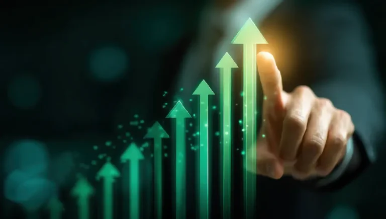 Increasing - Resilience Forward A growth arrow graph icon on a virtual screen with upward arrows, against a green background with a blur effect.