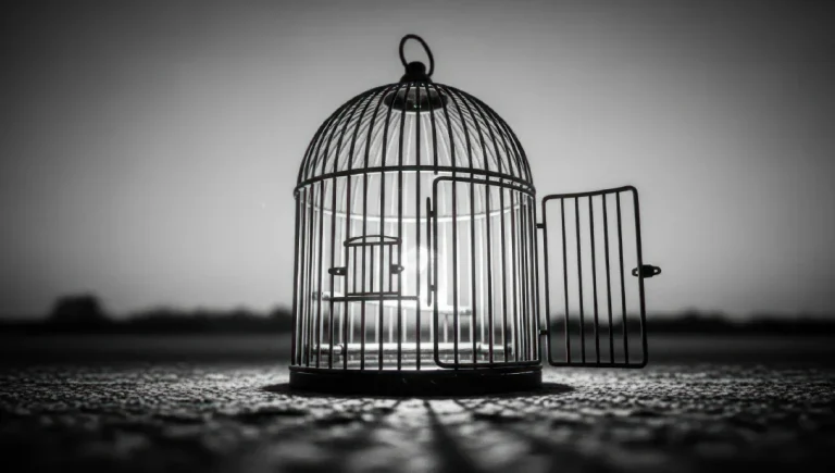 An empty bird cage with an open door.