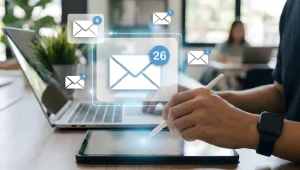 Collaboration and messaging - Resilience Forward Person using digital stylus for managing email communication on tablet, modern workplace productivity with virtual inbox interface.