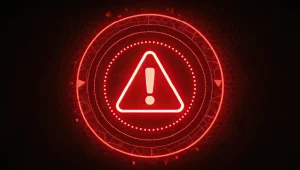 A futuristic red warning alert icon with glowing exclamation mark.