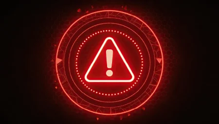 A futuristic red warning alert icon with glowing exclamation mark.
