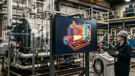 A digital twin test bay showing a large screen displaying a virtual boiler model synchronised with the physical unit during operational testing.
