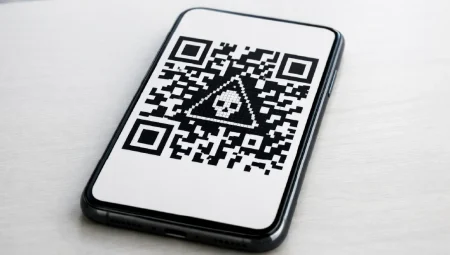 QR code phishing has reached record levels: ESET H1 2026 Threat Report Smartphone on a desk displaying a QR code with a triangle warning containing a skull