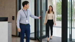 A person hold a building door open for a person behind who is tailgating to get unauthorised access.