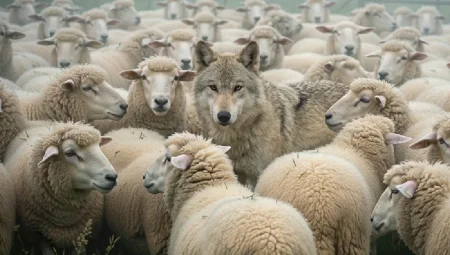 Wolf hiding in plain sight in a flock of sheep.
