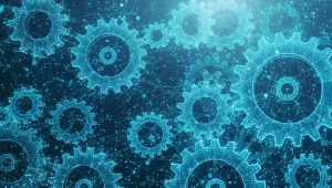 Blue interconnected gears and network nodes symbolizing automation and complex machinery.