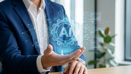 Businessperson in a navy suit presenting a glowing AI gear hologram with circuits and data panels.