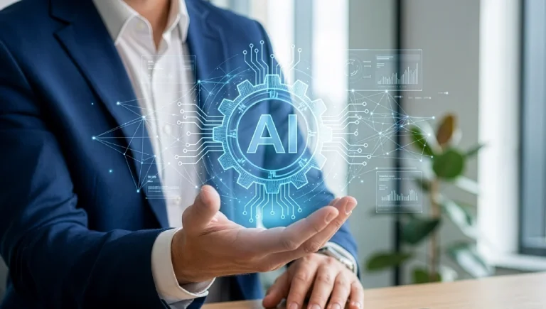 AI governance and compliance - Resilience Forward Businessperson in a navy suit presenting a glowing AI gear hologram with circuits and data panels.
