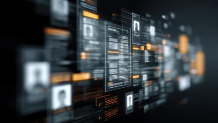 Abstract digital dashboard with floating profile cards and text blocks highlighted in orange, suggesting a data/network interface