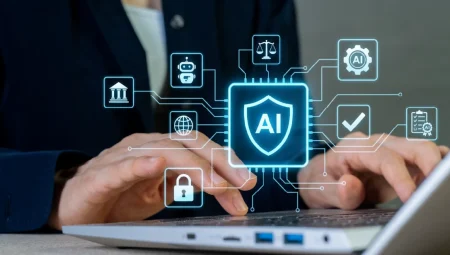 Blue AI-shield icon connected by circuit lines over a laptop, symbolizing cybersecurity