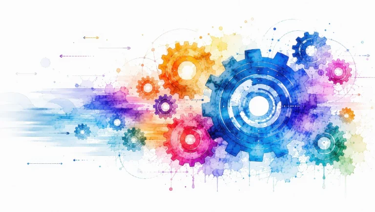All hazards resilience - Resilience Forward Colorful interconnected gears with digital network lines on white background.