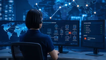 A female network operator wearing a headset sits at a desk facing three large computer monitors. The screens display a global network map, an IT infrastructure diagram with a red warning, and a system status dashboard showing a network outage alert.