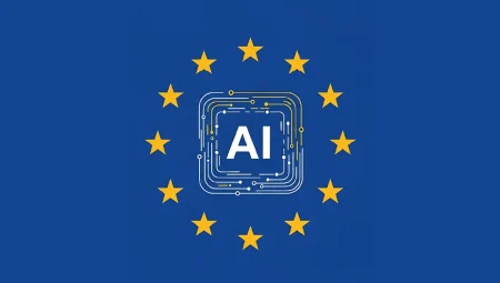 European Union flag with twelve yellow stars surrounding a white AI circuit icon at the center.