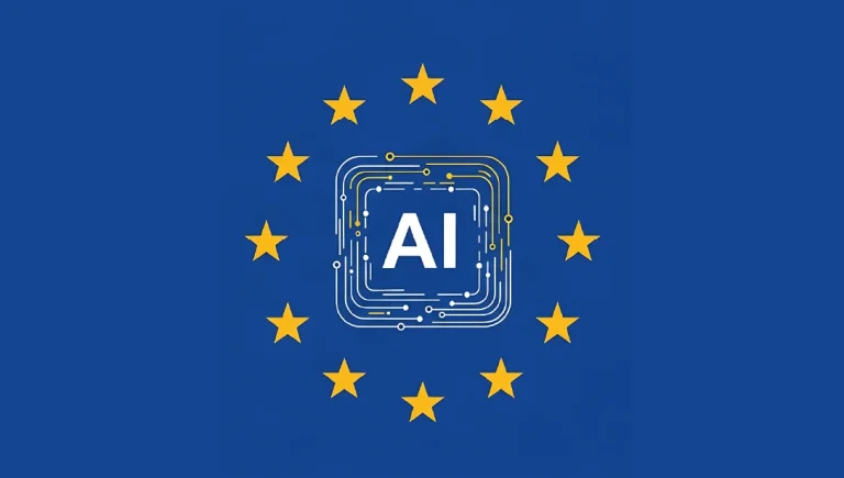 EU AI Act - Resilience Forward European Union flag with twelve yellow stars surrounding a white AI circuit icon at the center.