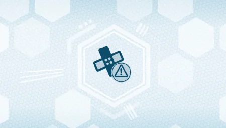 A warning icon on a technical honeycomb pattern background,