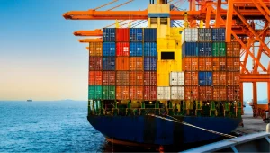 Rear view of a large container ship being discharged by massive orange quay cranes at a port terminal during sunset.