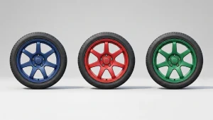 Three wheels with the same design but three distinct colours - blue, red, and green.