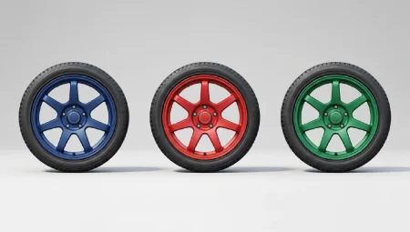 Three wheels with the same design but three distinct colours - blue, red, and green.