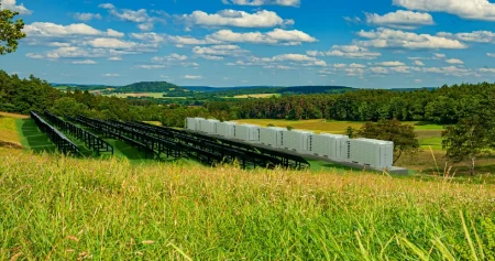 A solar farm with battery storage facility.