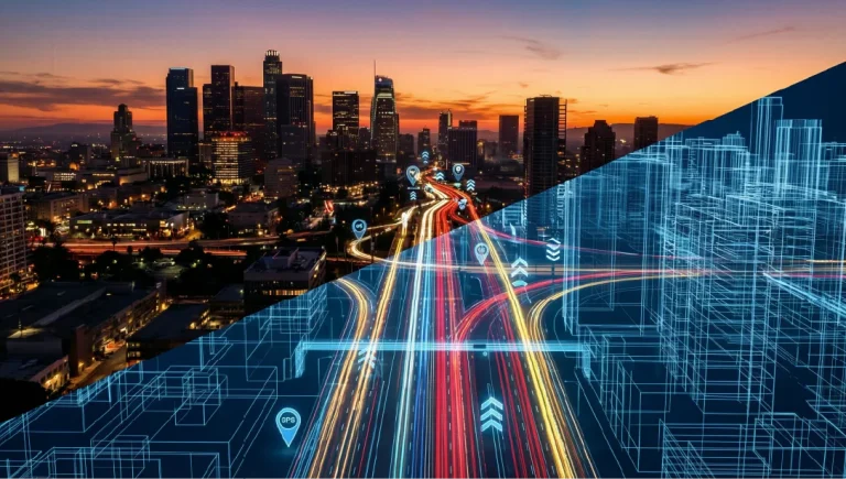 City skyline at sunset with bright light trails and a translucent blue smart-city grid overlay and GPS pins indicating locations.