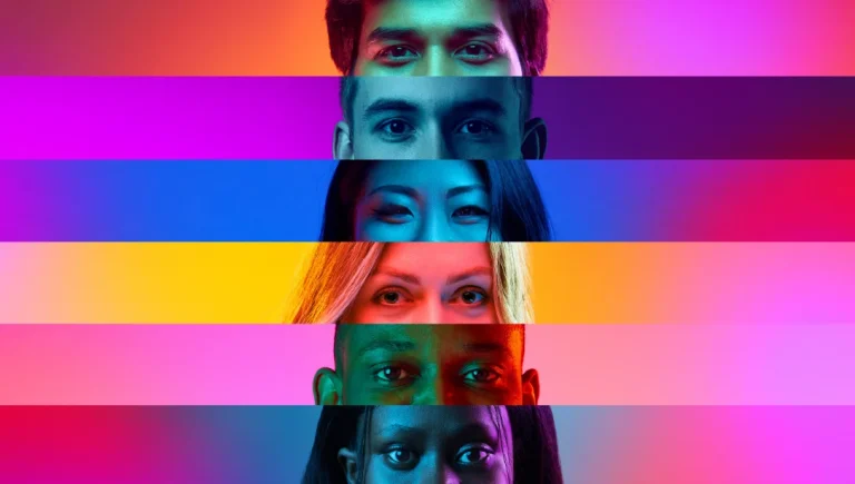 A variety of faces concentrating on eyes with a multi coloured background.